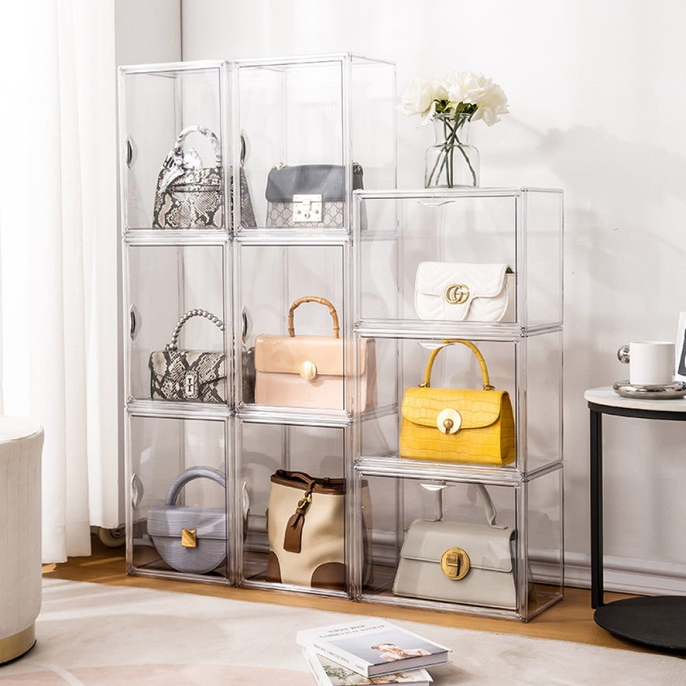 Creliv Vitrine Stapelbar für Garderobe, Transparent Acryl Schaukasten mit Tür (1-St., 36x27x22cm) für Tasche, Schuhe, Figuren, Modelle